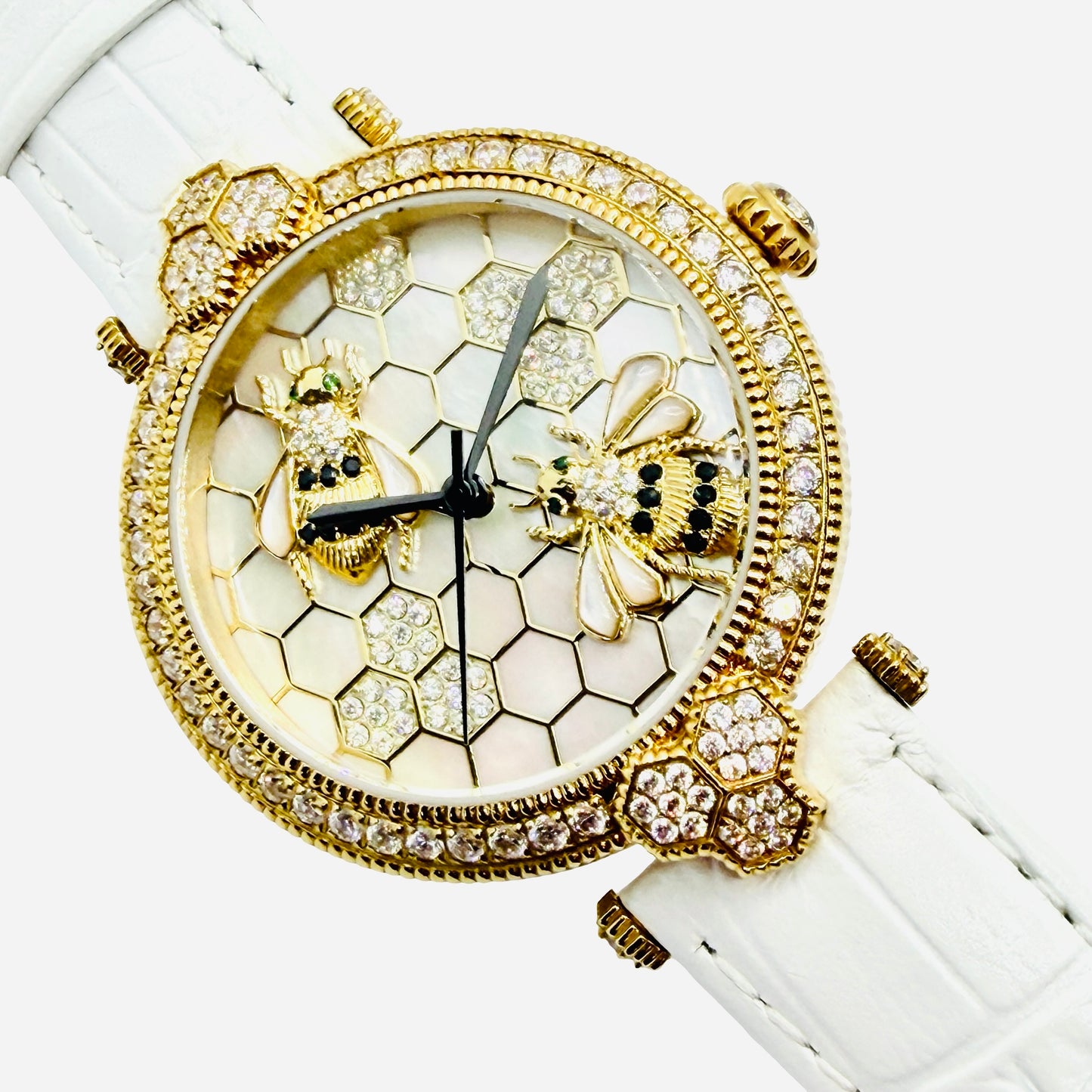 Judith Ripka Stainless Steel Bumble Bee Gemstone Watch 36mm Mother-of-Pearl 3D Honeycomb Dial White Leather Strap J355957