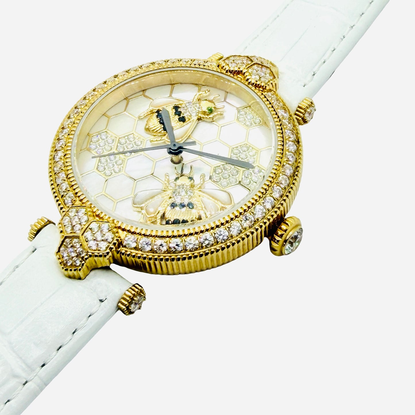 Judith Ripka Stainless Steel Bumble Bee Gemstone Watch 36mm Mother-of-Pearl 3D Honeycomb Dial White Leather Strap J355957