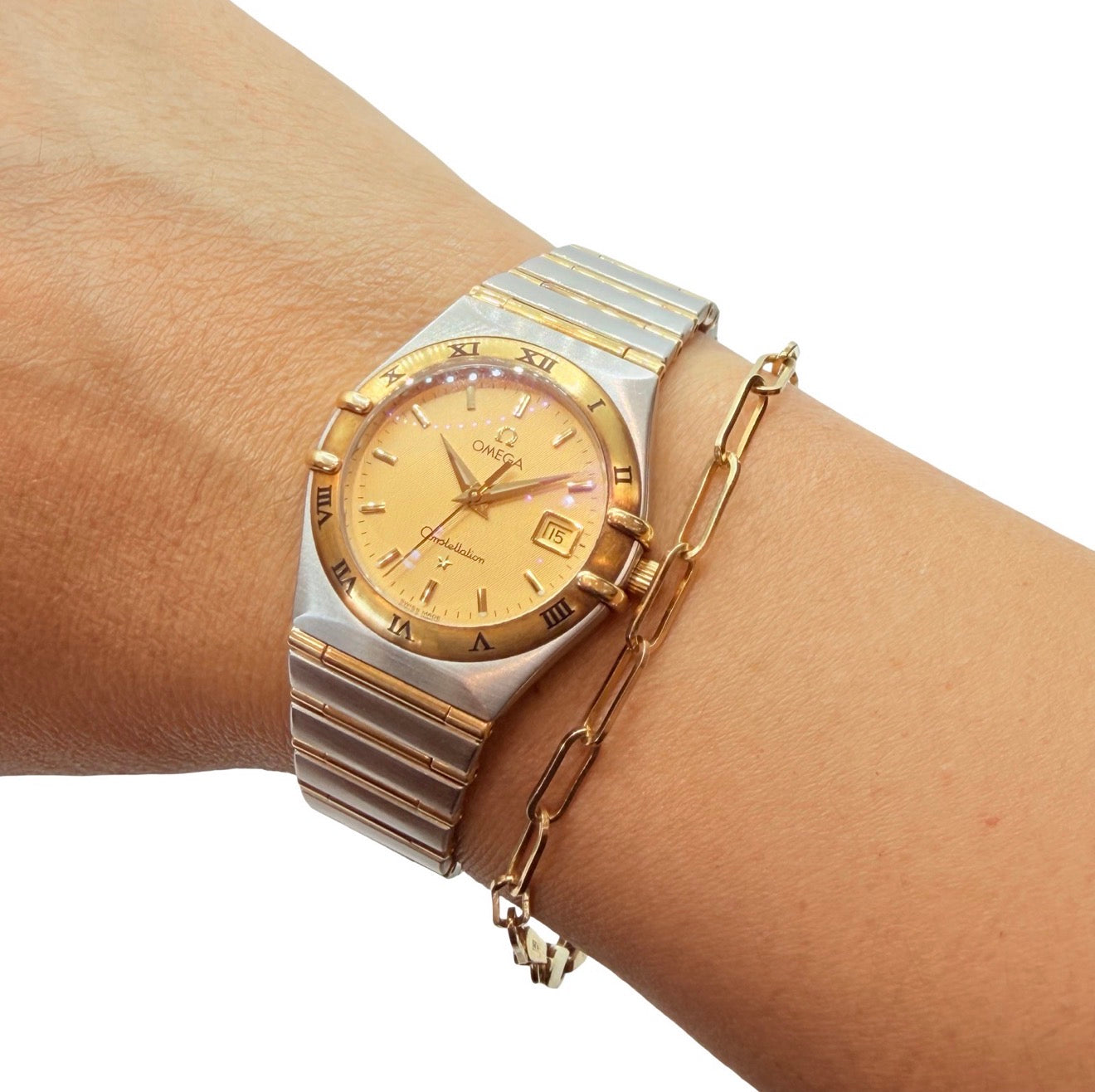 Omega Constellation 18K Gold and Steel 27.5mm Quartz Champagne Guilloché Dial Ref 1282.10.00