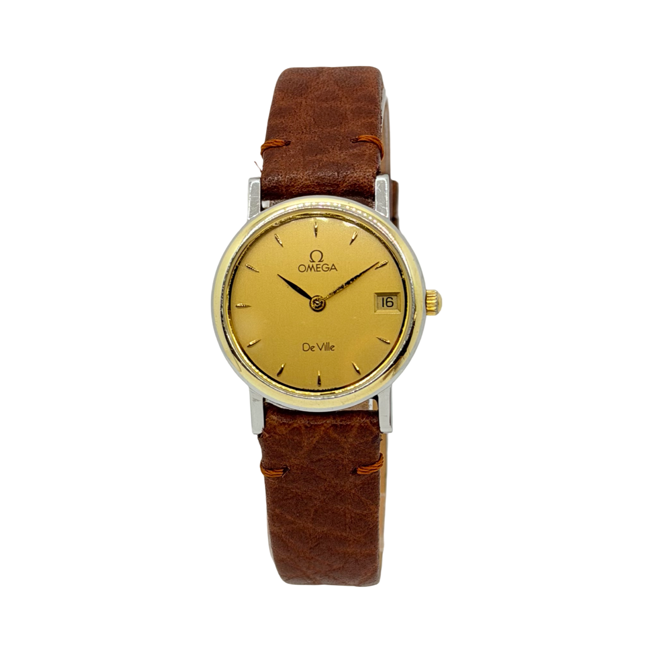 Omega De Ville Quartz 25mm 18K Gold and Steel Champagne Dial Leather Strap 596.2379
