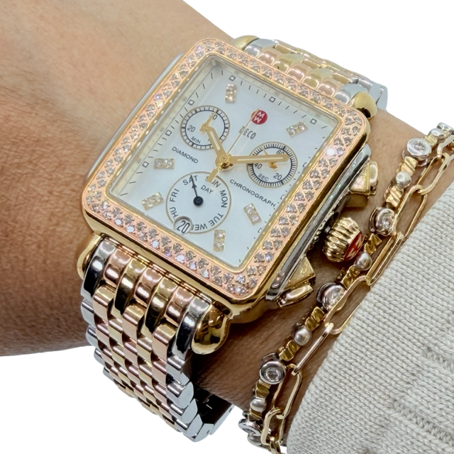 Michele Deco Tri-Tone Quartz Chronograph Mother-of-Pearl Dial with Diamonds MWW06P000077