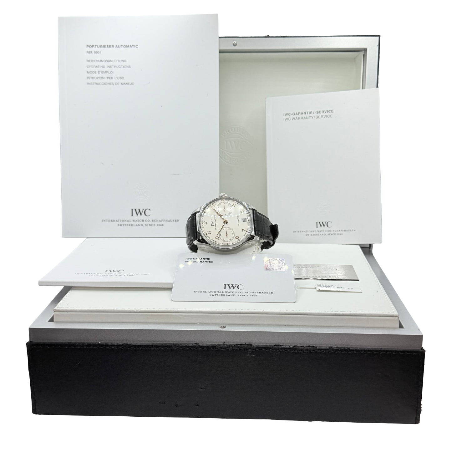 IWC Schaffhausen Portugieser 7 Day Power Reserve Silver Dial Black Leather Strap IW500114