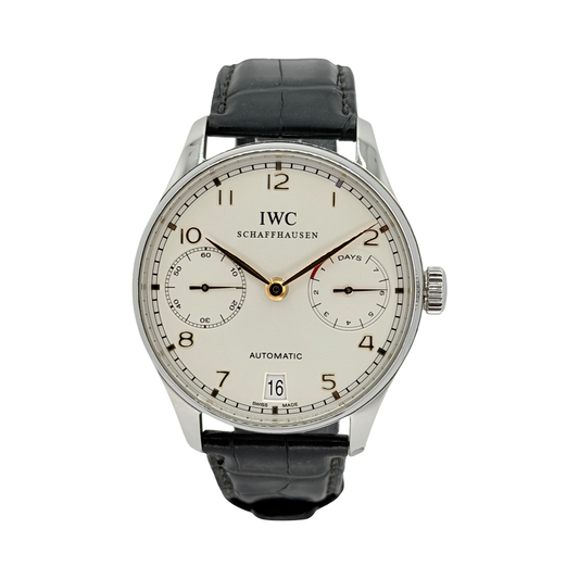 IWC Schaffhausen Portugieser 7 Day Power Reserve Silver Dial Black Leather Strap IW500114