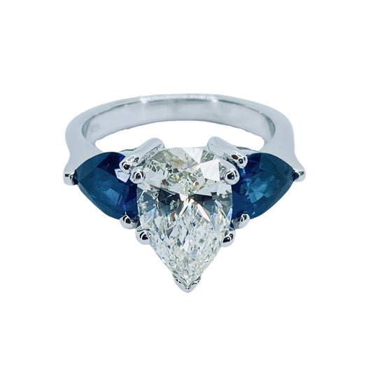 14K White Gold 1.69 Carats Pear Natural Diamond and Blue Sapphire Ring