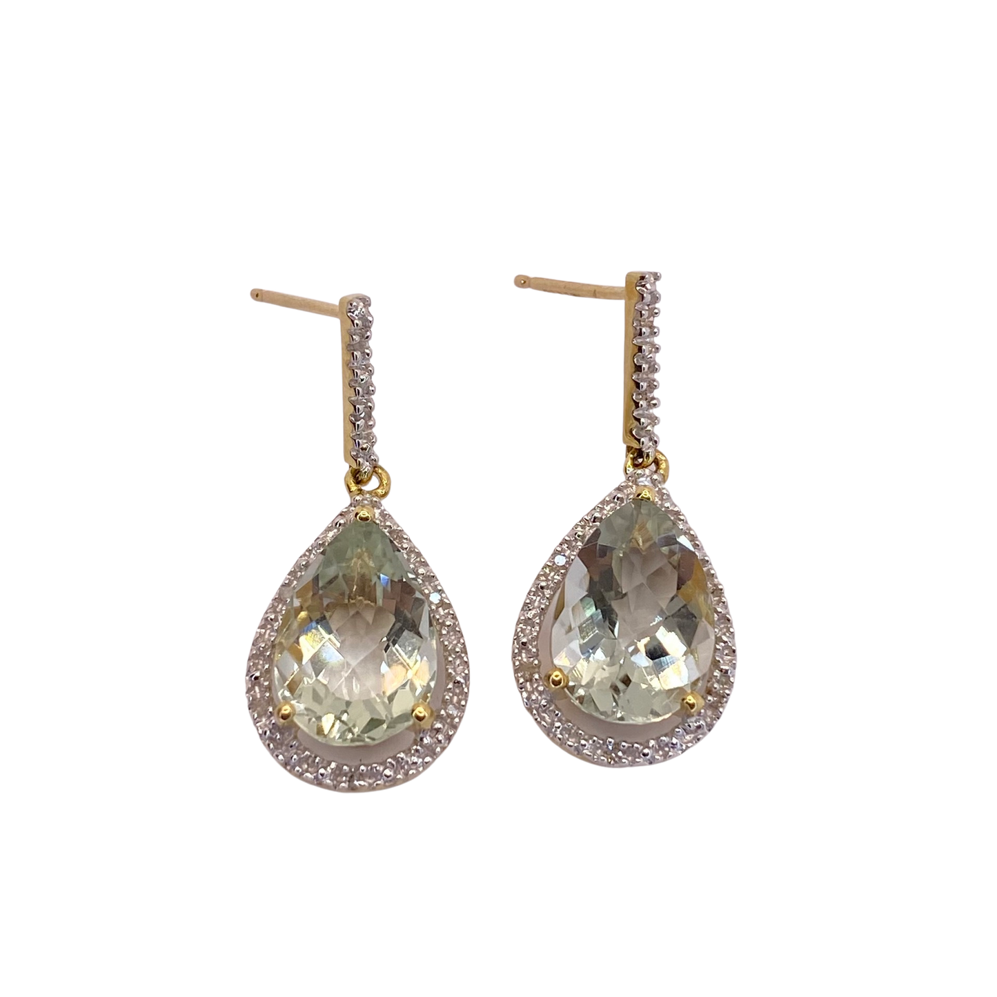 10K Yellow Gold Pear Green Amethyst and Diamond Drop Earrings