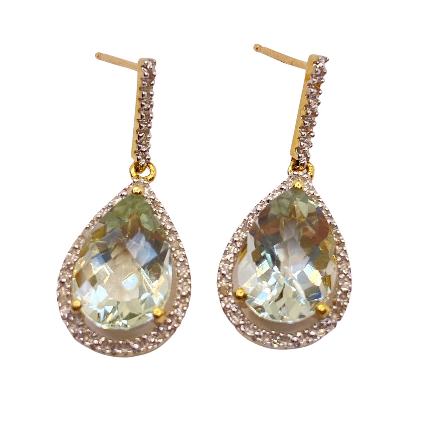 10K Yellow Gold Pear Green Amethyst and Diamond Drop Earrings