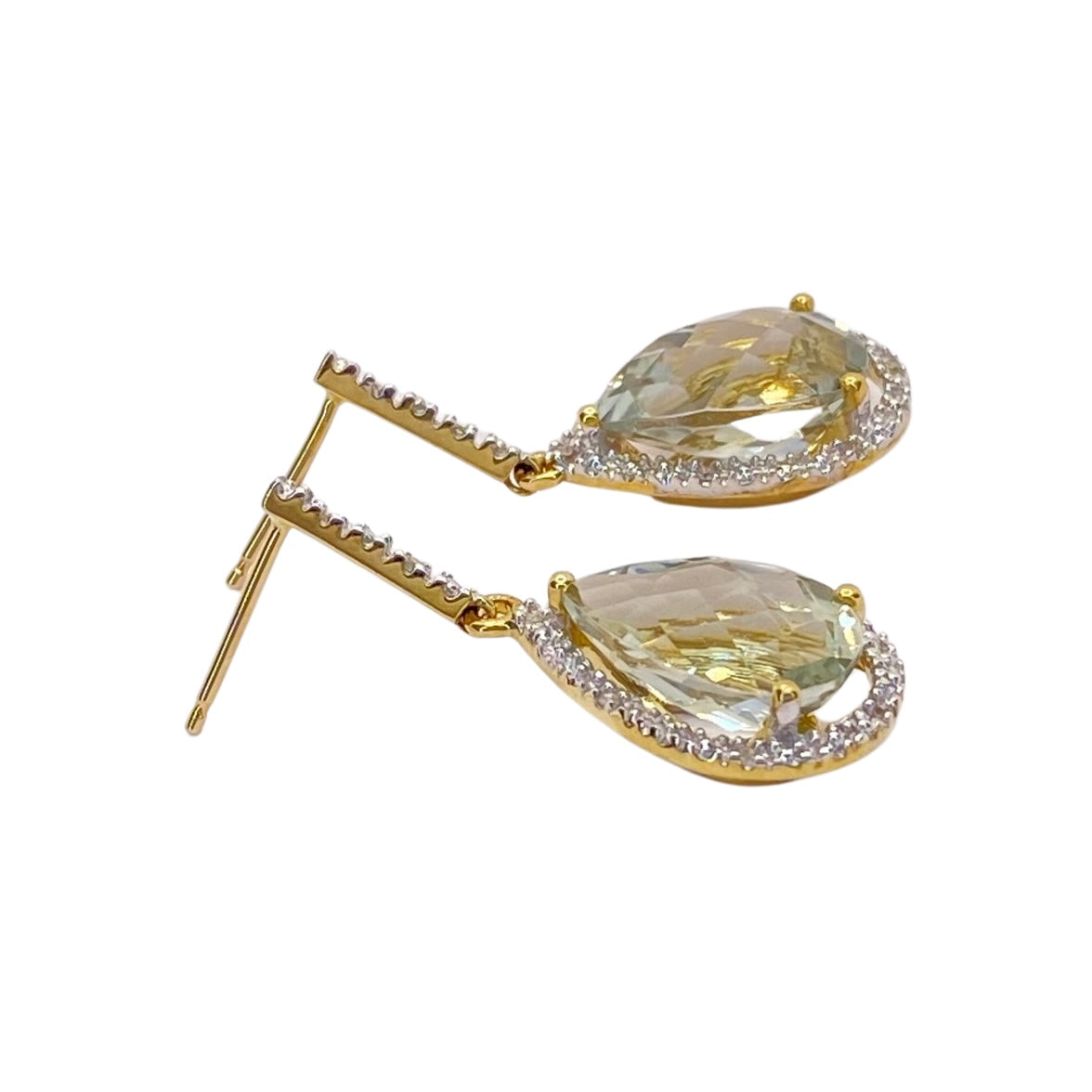 10K Yellow Gold Pear Green Amethyst and Diamond Drop Earrings