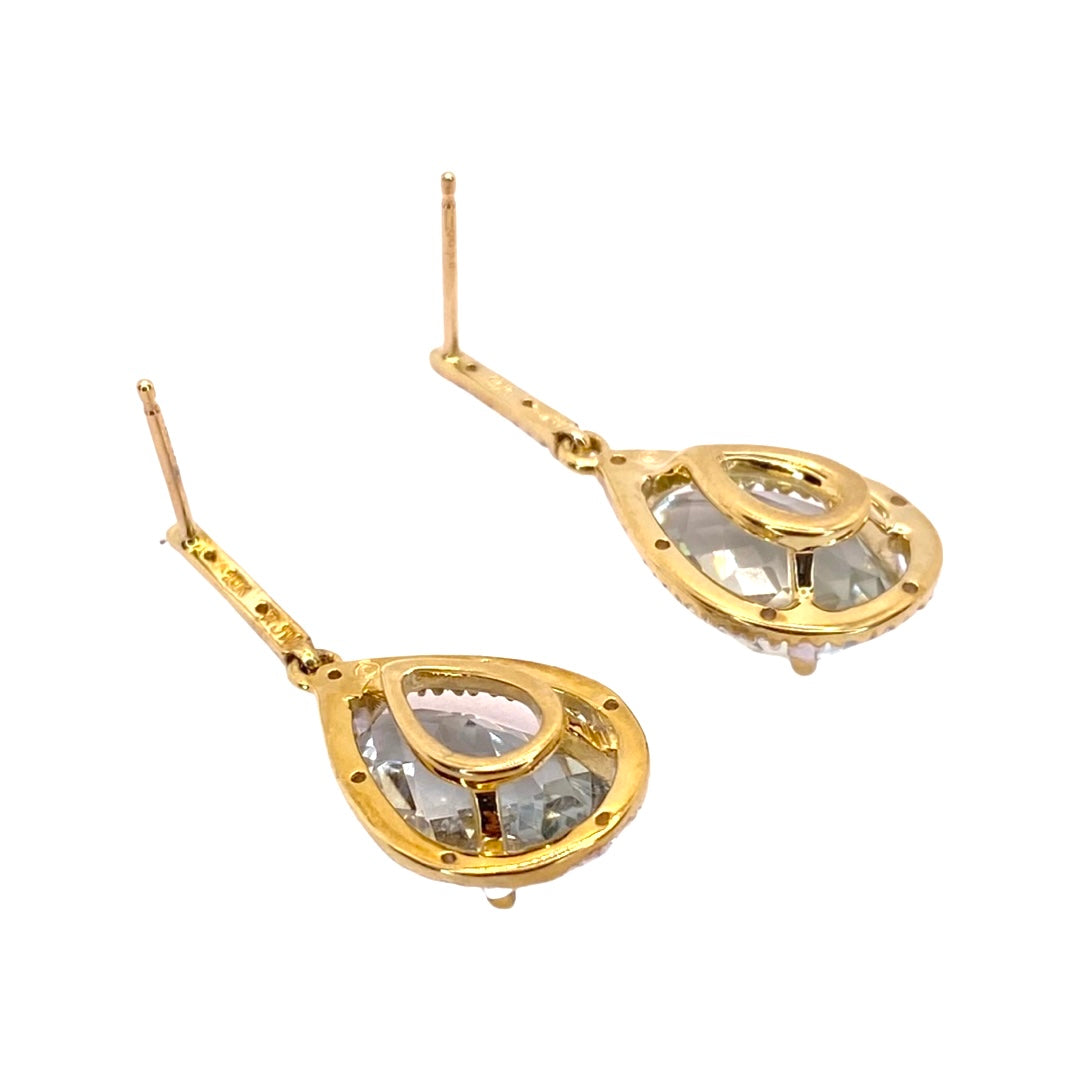 10K Yellow Gold Pear Green Amethyst and Diamond Drop Earrings