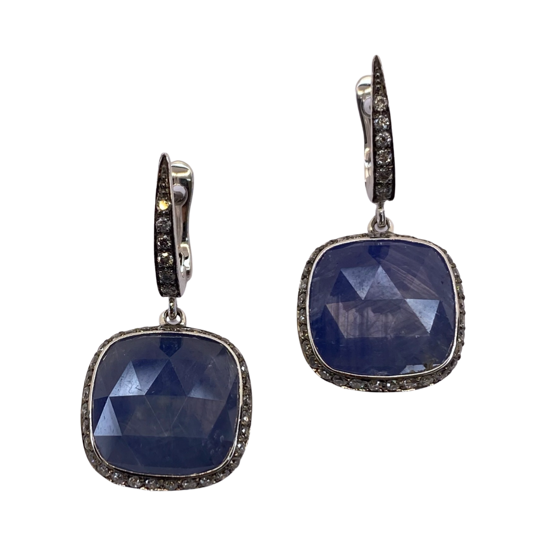 18K White Gold Blue Sapphire & Diamond Dangle Earrings