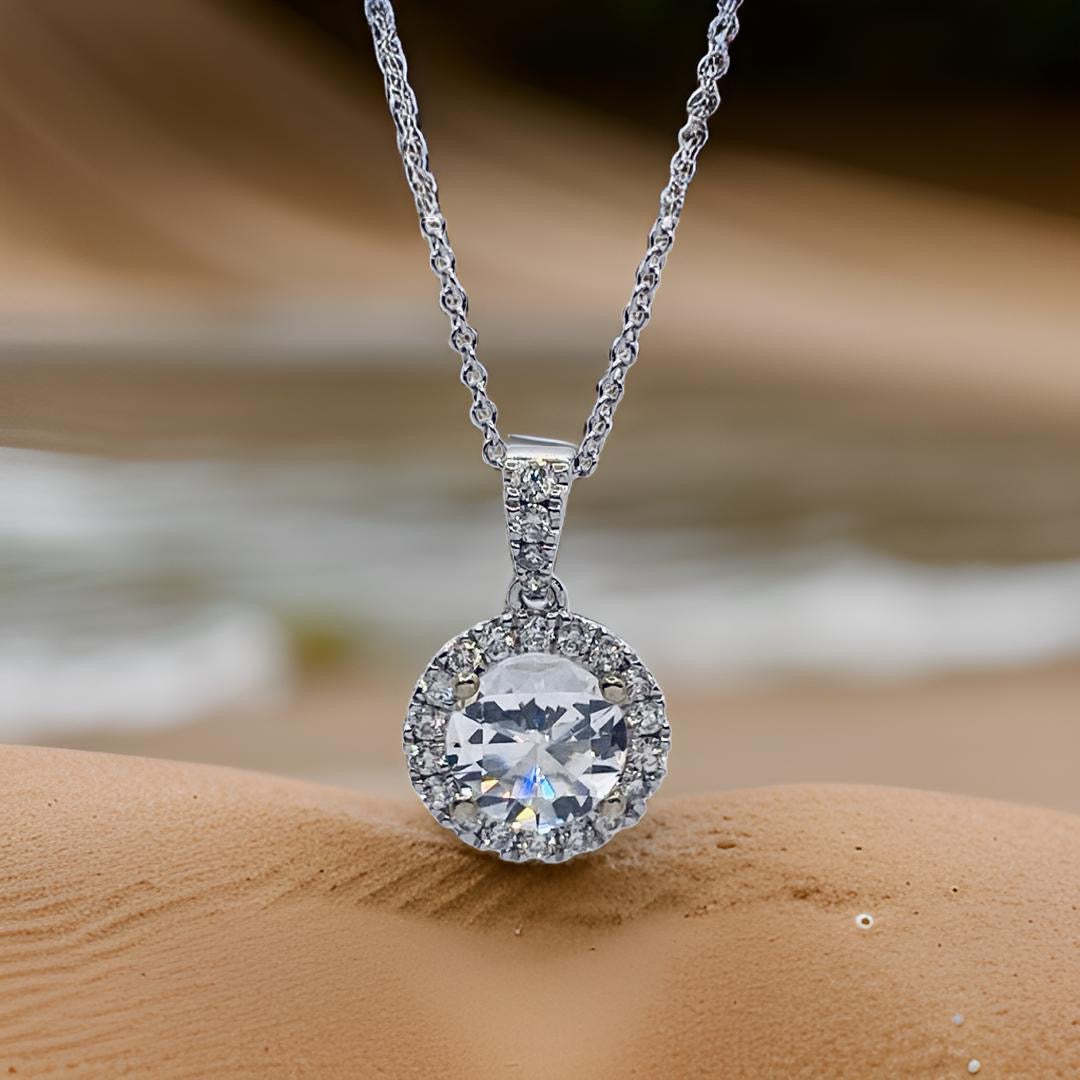 14K White Gold Diamond Halo Pendant