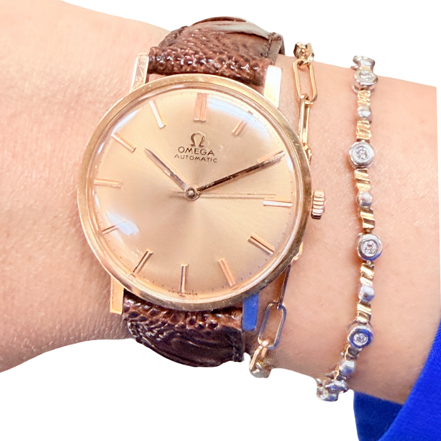 Omega Geneve Automatic 18K Rose Gold Brown Leather Strap 161.009