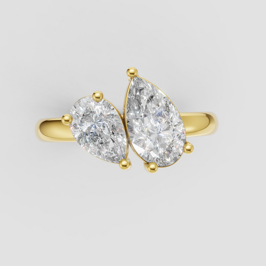Lab Grown Double Pear Diamond 18K Yellow Gold 1.50 Carats Toi et Moi Ring