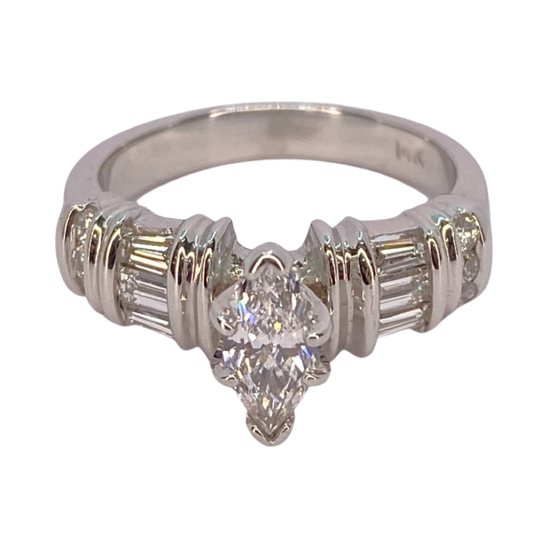 14K White Gold Marquise & Baguette Diamond Ring