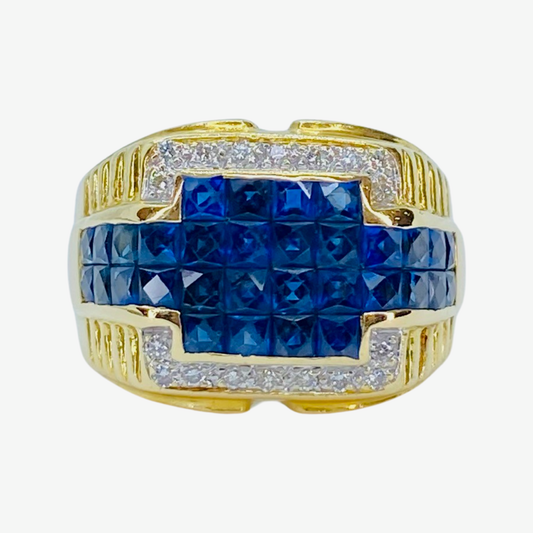 Estate Jewelry Mens 18K Yellow Gold Blue Sapphire and Diamond Ring