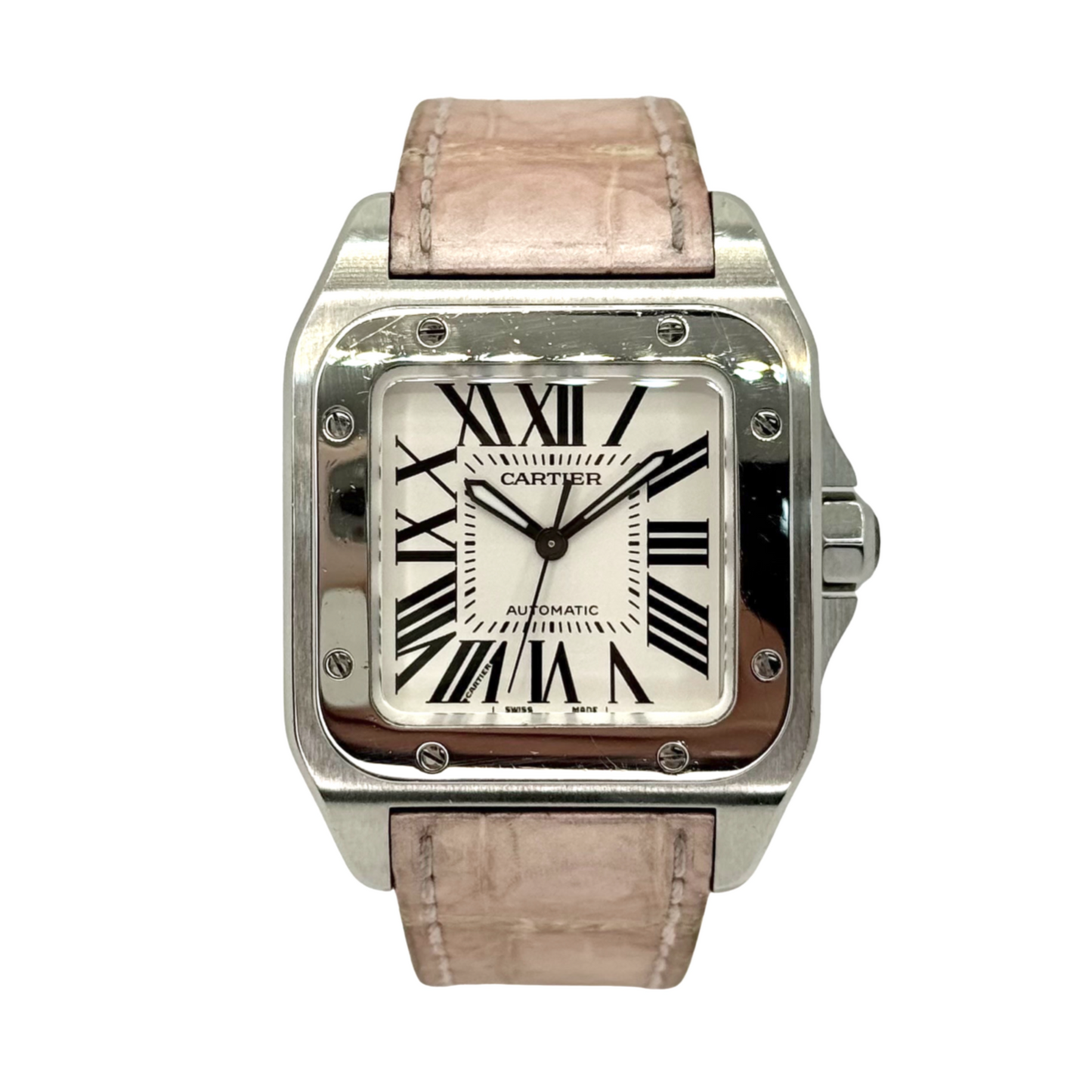 Cartier Santos 100 Automatic Silver Dial Pink Crocodile Strap 2878/ W20126X8