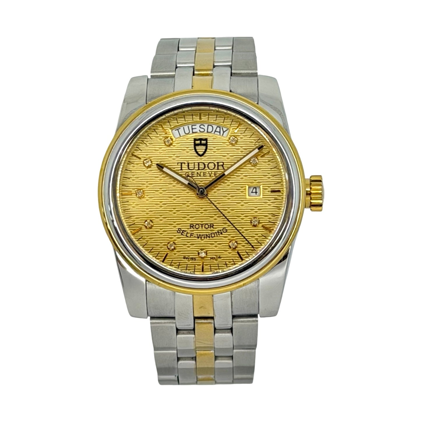 Tudor Glamour Day Date 39mm Champagne Jacquard Diamond Dial 18K Gold/Steel Bracelet 56003