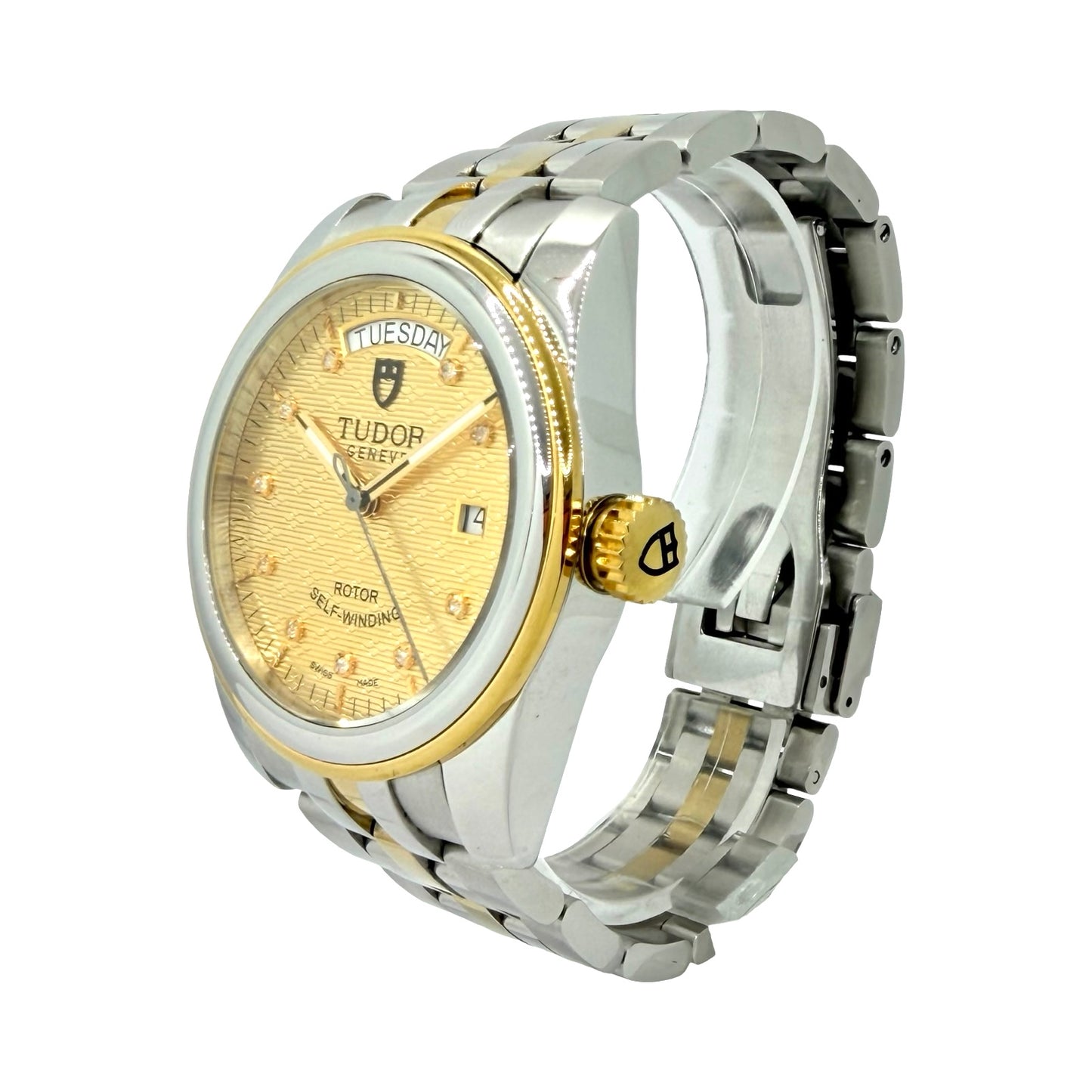 Tudor Glamour Day Date 39mm Champagne Jacquard Diamond Dial 18K Gold/Steel Bracelet 56003