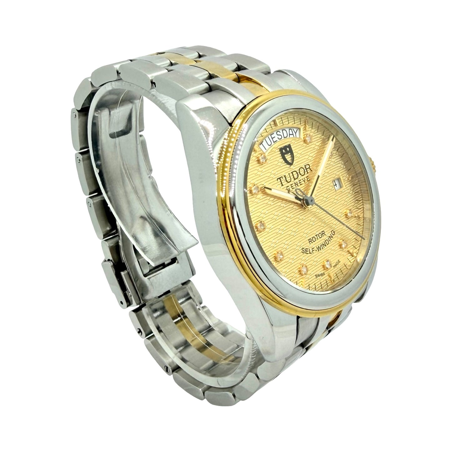 Tudor Glamour Day Date 39mm Champagne Jacquard Diamond Dial 18K Gold/Steel Bracelet 56003