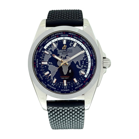 Breitling Galactic Unitime World Time SleekT Black Dial Steel Case/Tungsten Carbide Bezel Black Rubber Strap WB3510