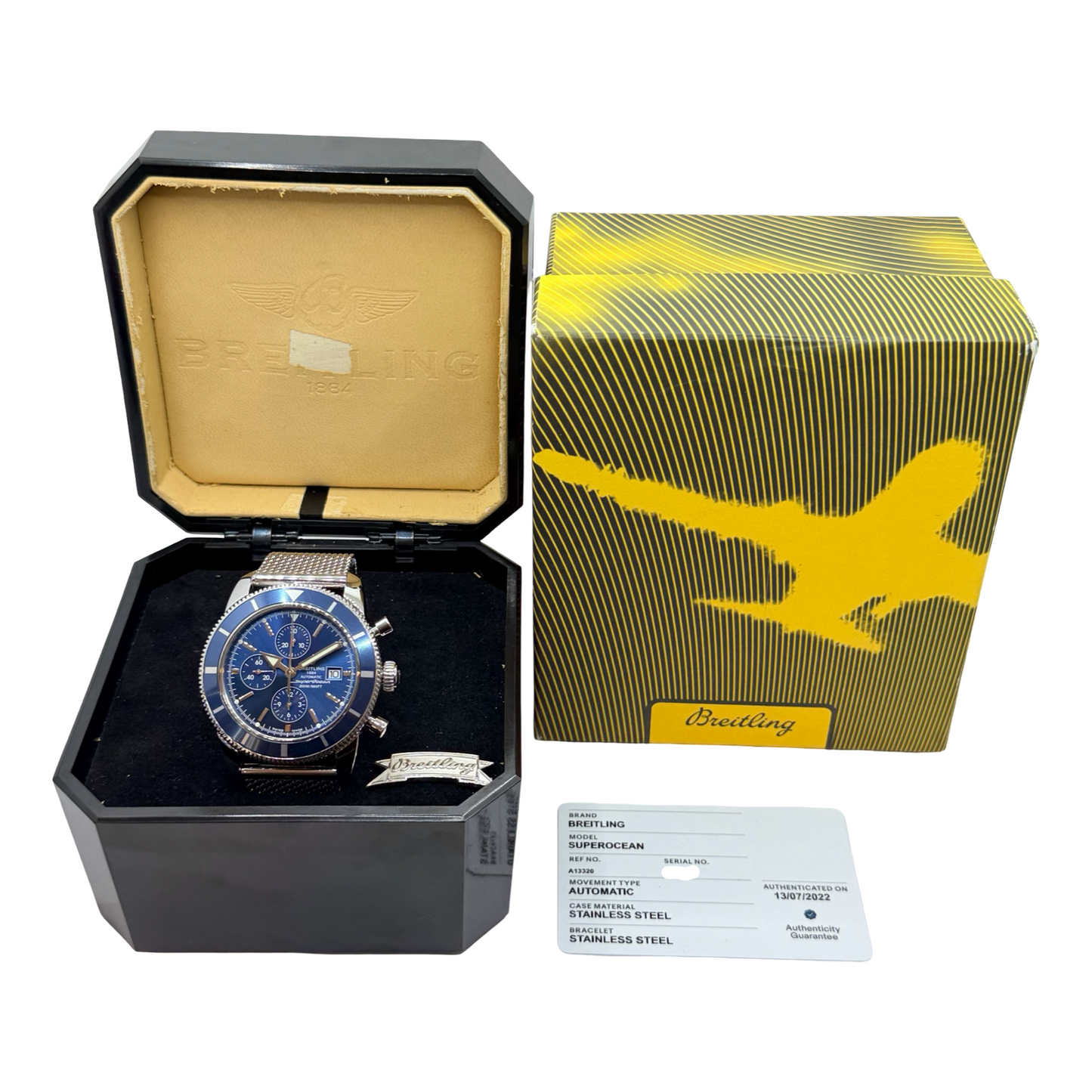 Breitling Superocean 46mm Automatic Chronograph Blue DialSteel Mesh bracelet A13320