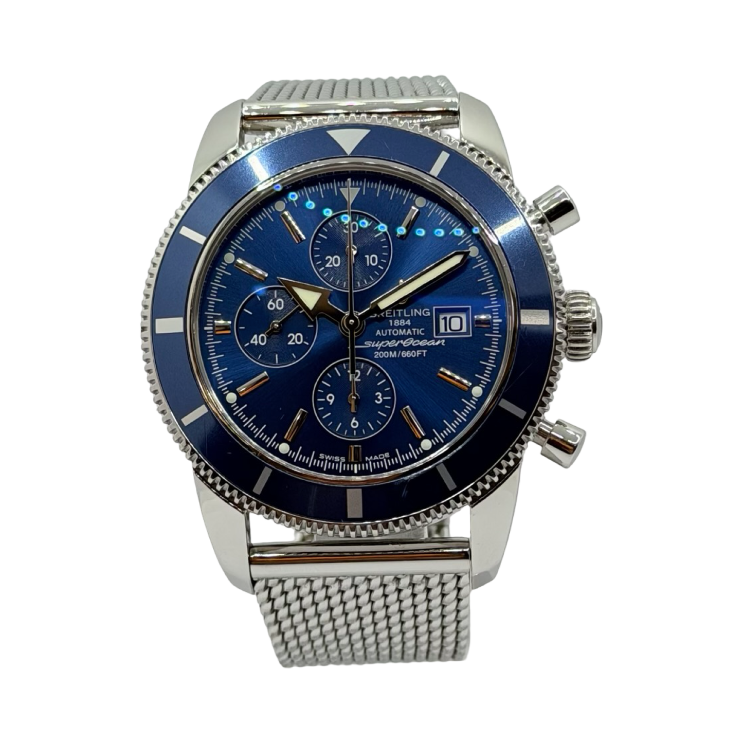 Breitling Superocean 46mm Automatic Chronograph Blue DialSteel Mesh bracelet A13320