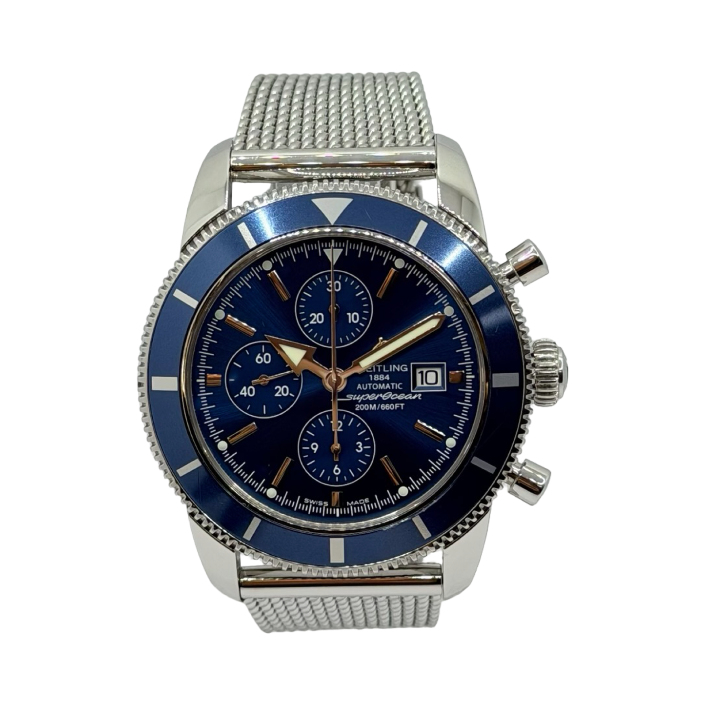 Breitling Superocean 46mm Automatic Chronograph Blue DialSteel Mesh bracelet A13320