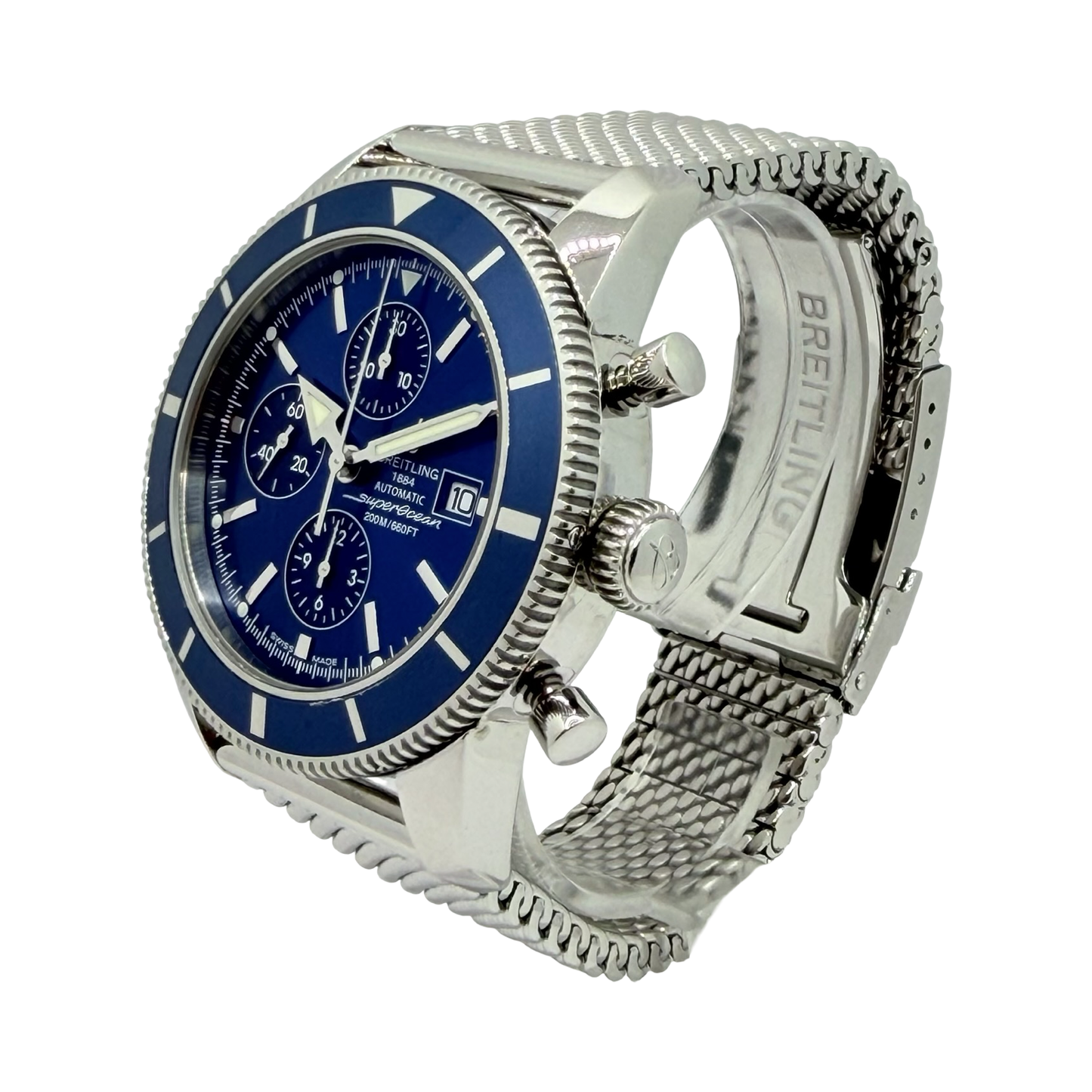 Breitling Superocean 46mm Automatic Chronograph Blue DialSteel Mesh bracelet A13320