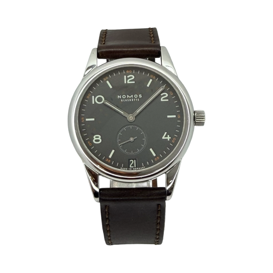 Nomos Glashutte Club Date (Datum Dunkel) Dark Grey Dial Manual Wind 38.5mm Stainless Steel with Brown Leather Ref.732