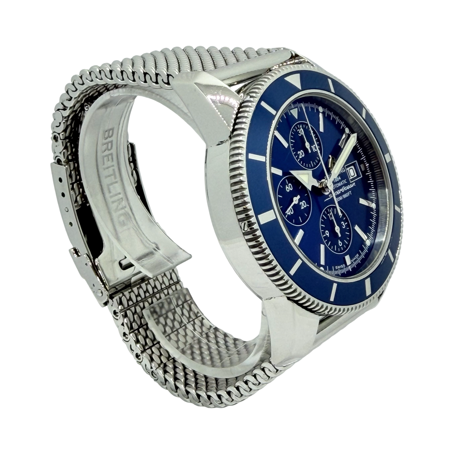 Breitling Superocean 46mm Automatic Chronograph Blue DialSteel Mesh bracelet A13320