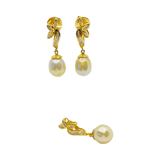 14K Yellow Gold Pearl Earrings and Pendant Set with Diamonds