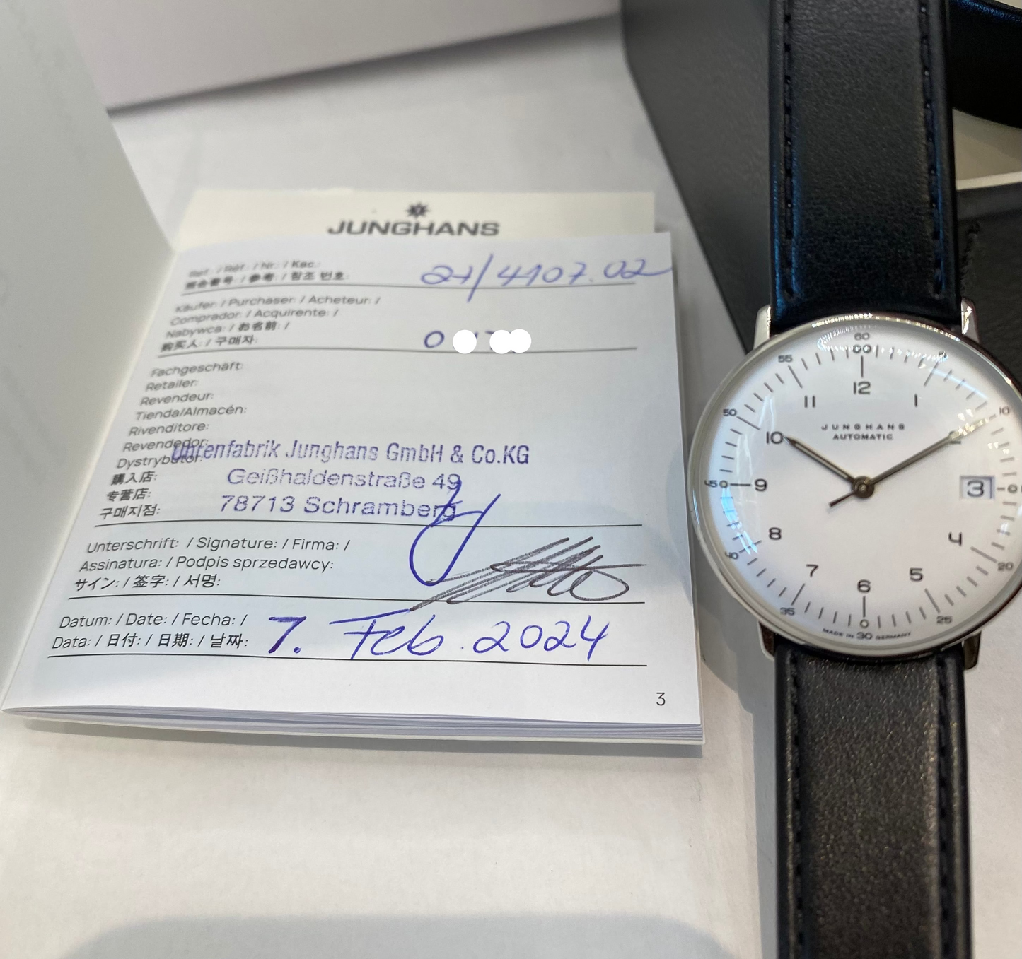 Junghans  Max Bill Automatic Date 34mm Silver Dial Black Leather 24/4107.02