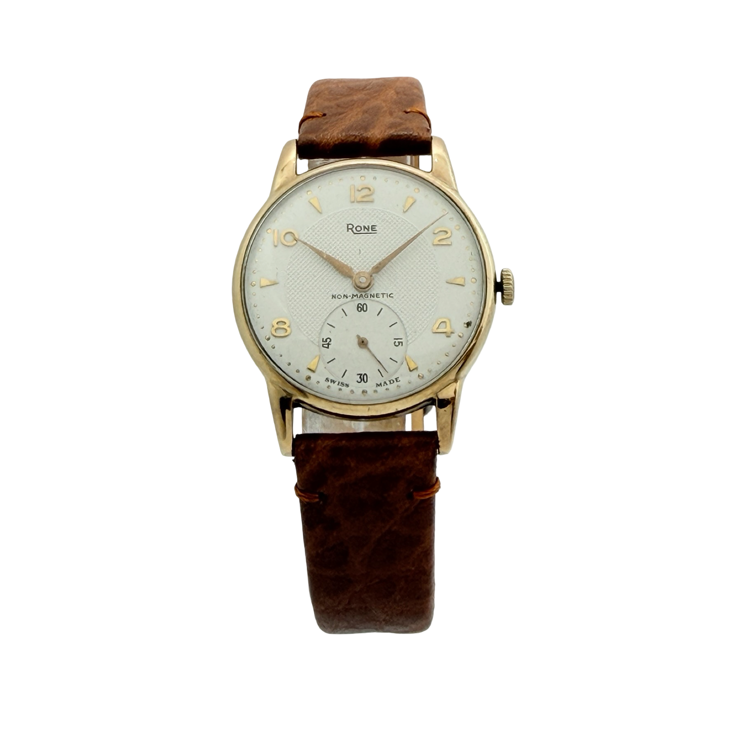 Rone 9ct Gold Non-magnetic Manual Wind 31mm White Dial Brown Strap