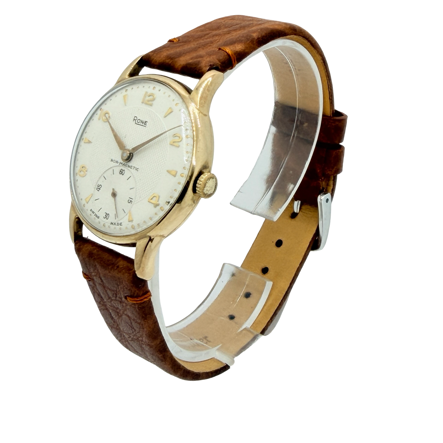 Rone 9ct Gold Non-magnetic Manual Wind 31mm White Dial Brown Strap