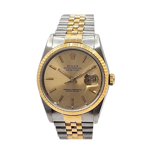 Rolex Datejust 36mm 18K Gold and Steel Champagne Stick Dial Fluted Bezel Jubilee Bracelet 16233 C.1987