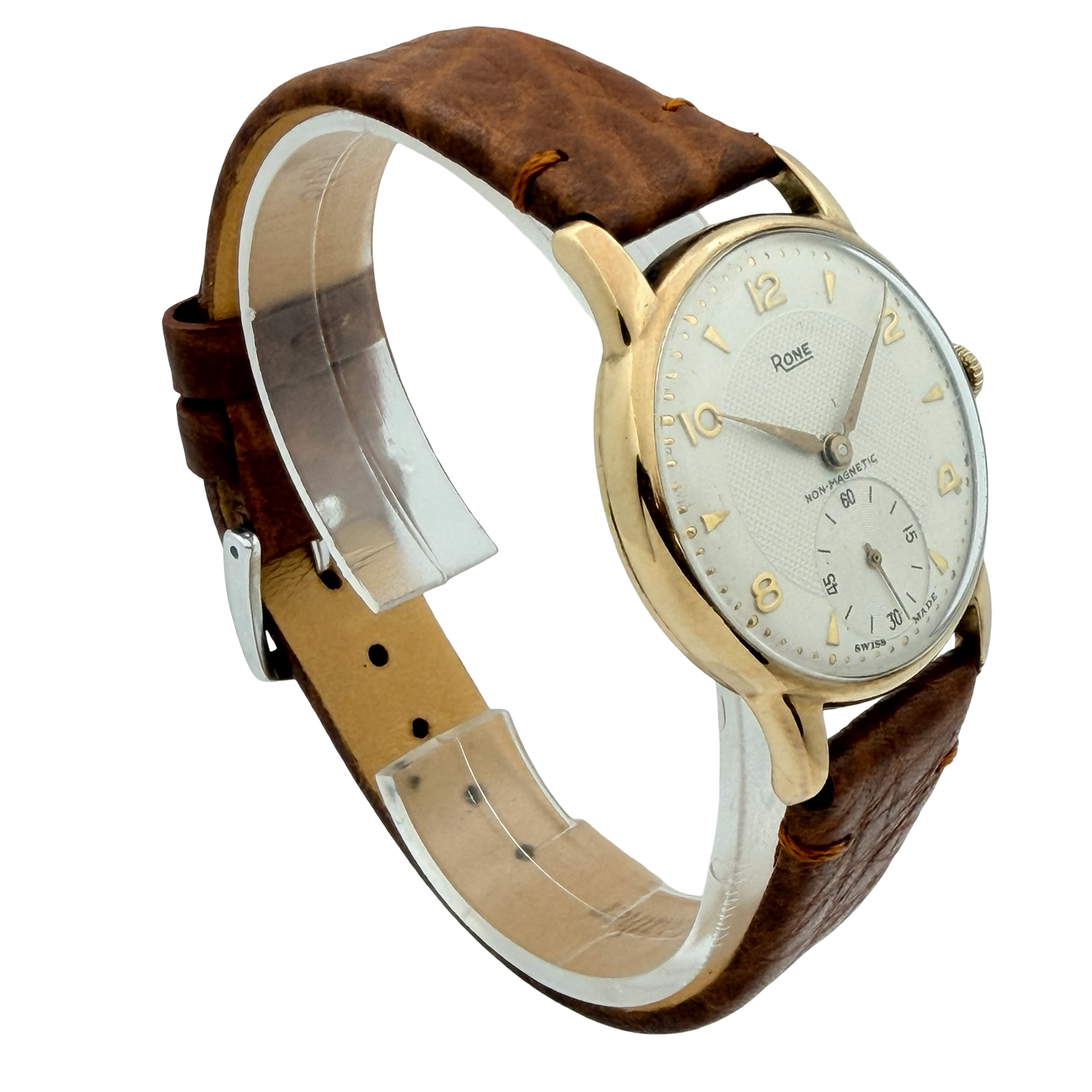 Rone 9ct Gold Non-magnetic Manual Wind 31mm White Dial Brown Strap