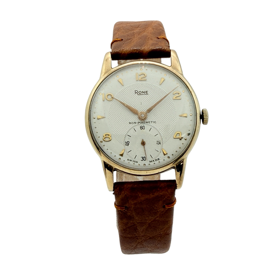 Rone 9ct Gold Non-magnetic Manual Wind 31mm White Dial Brown Strap