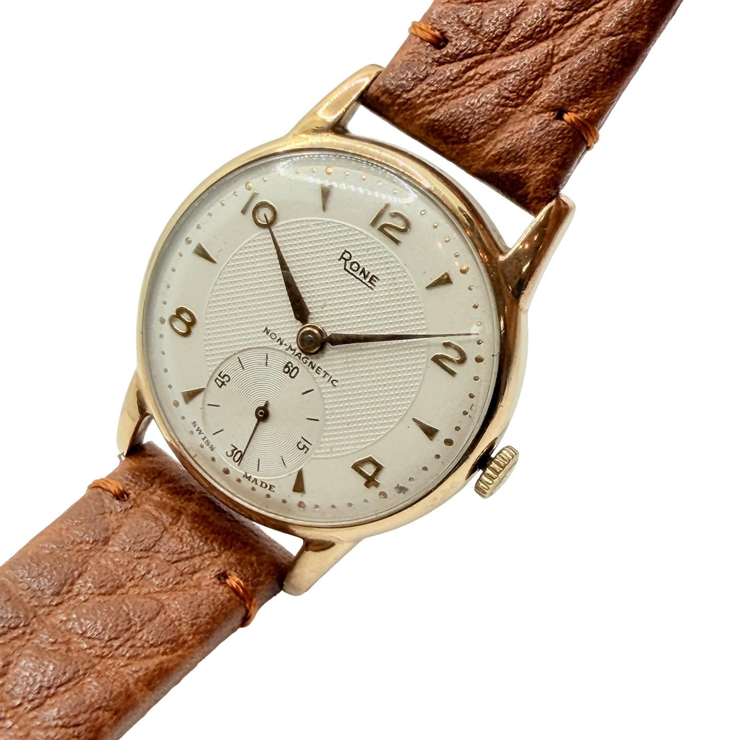 Rone 9ct Gold Non-magnetic Manual Wind 31mm White Dial Brown Strap