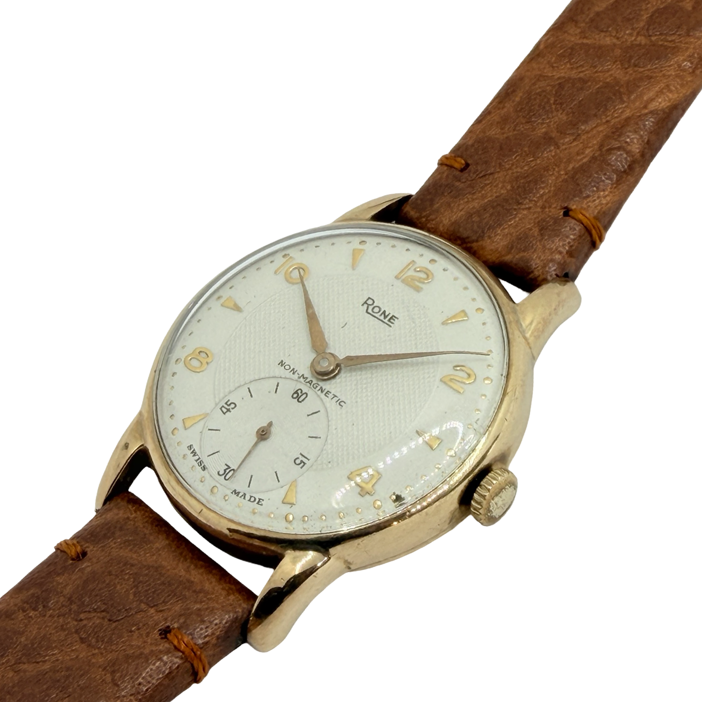 Rone 9ct Gold Non-magnetic Manual Wind 31mm White Dial Brown Strap