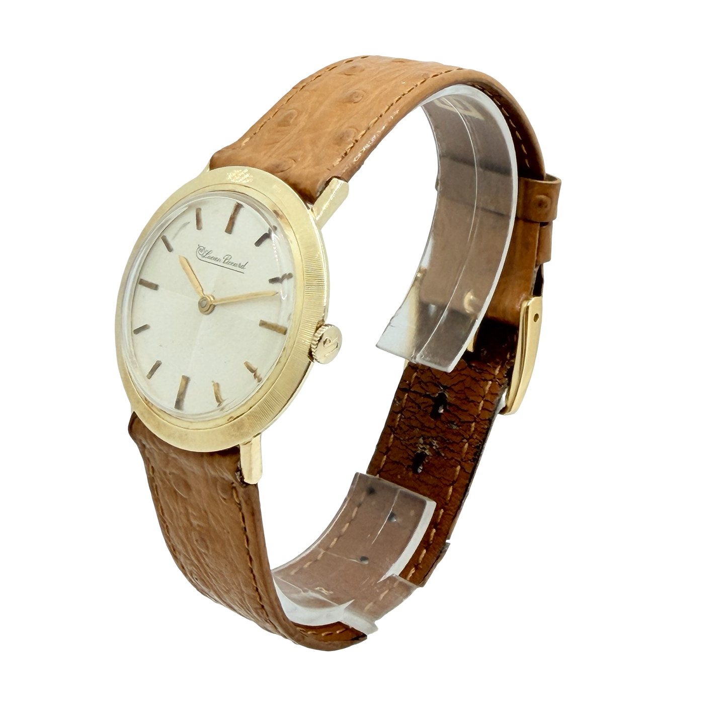 Lucien Piccard 14K Yellow Gold 31mm Manual Wind Dress Watch Silver Dial Leather Strap
