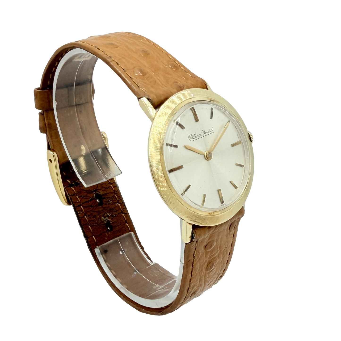 Lucien Piccard 14K Yellow Gold 31mm Manual Wind Dress Watch Silver Dial Leather Strap