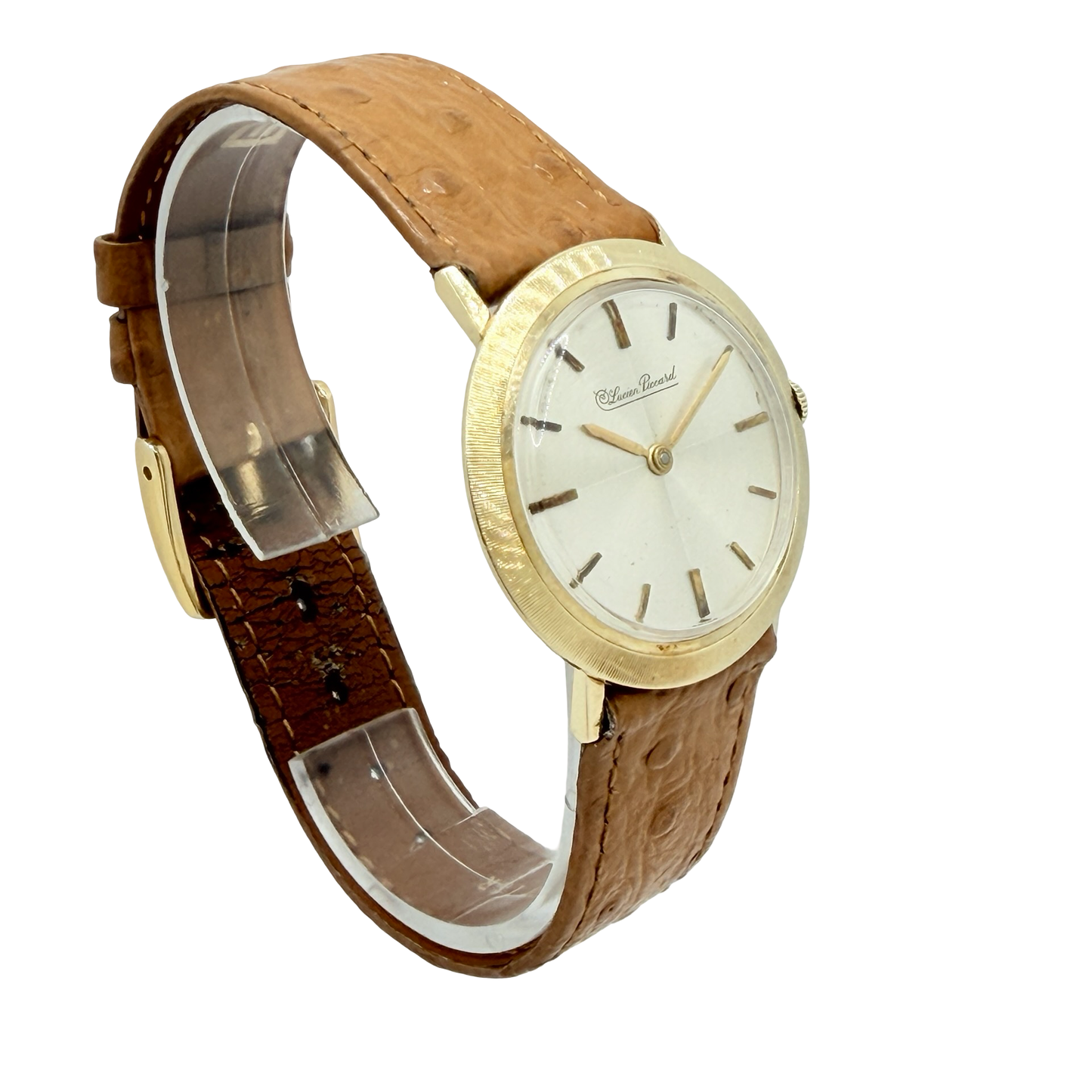 Lucien Piccard 14K Yellow Gold 31mm Manual Wind Dress Watch Silver Dial Leather Strap
