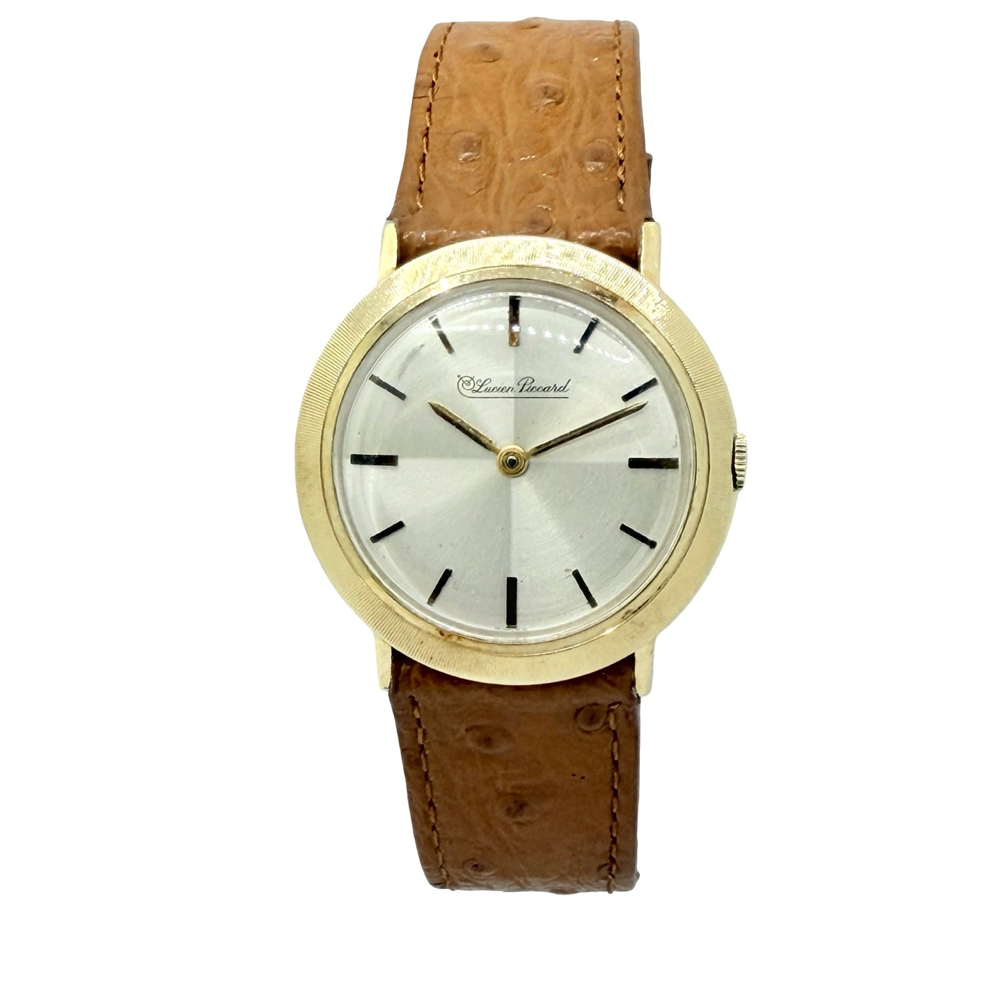 Lucien Piccard 14K Yellow Gold 31mm Manual Wind Dress Watch Silver Dial Leather Strap