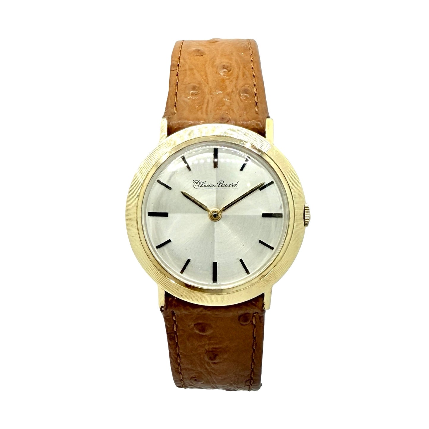 Lucien Piccard 14K Yellow Gold 31mm Manual Wind Dress Watch Silver Dial Leather Strap