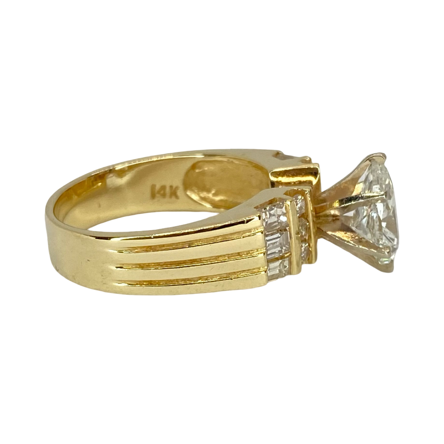 Estate Jewelry 14K Gold Pear Diamond Ring 0.75 Carat and 0.30 Carat Baguettes