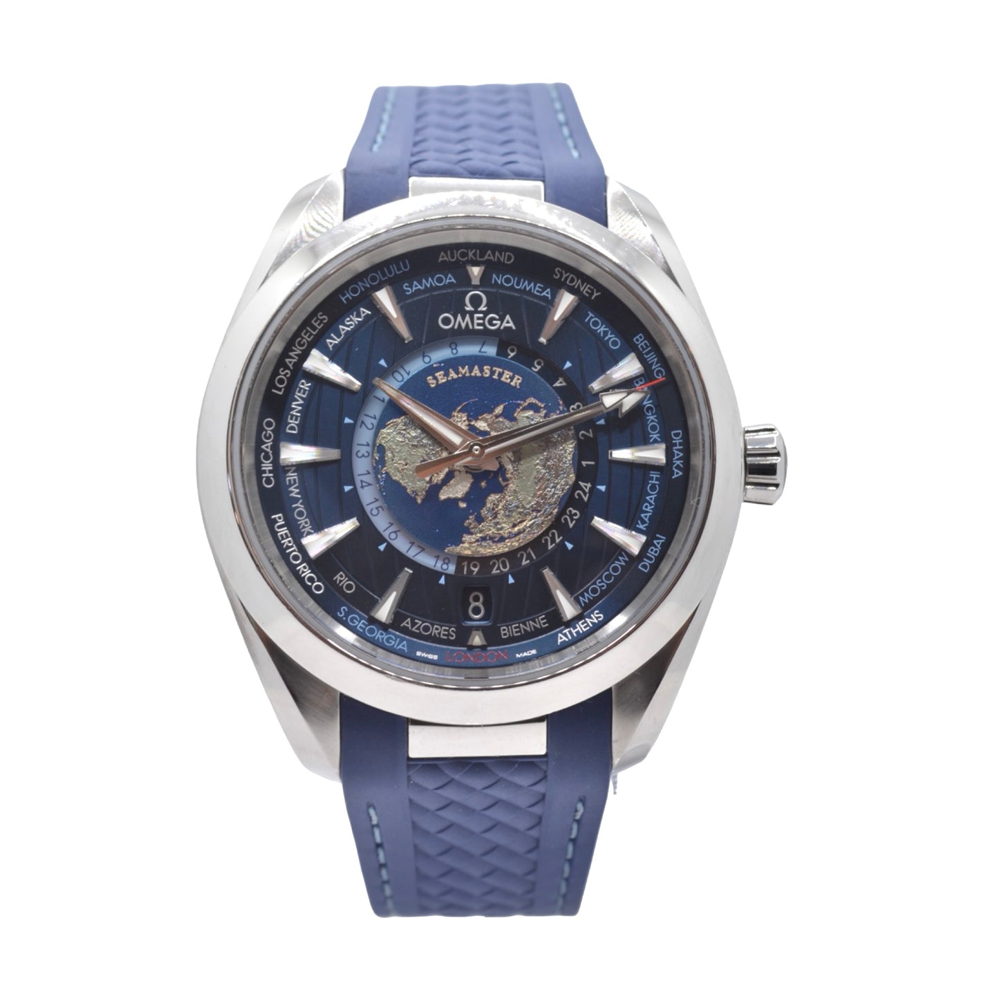 Omega Seamaster Aqua Terra 150M Worldtimer 43mm  Co-Axial Blue Teak Dial Rubber Strap 220.12.43.22.03.001