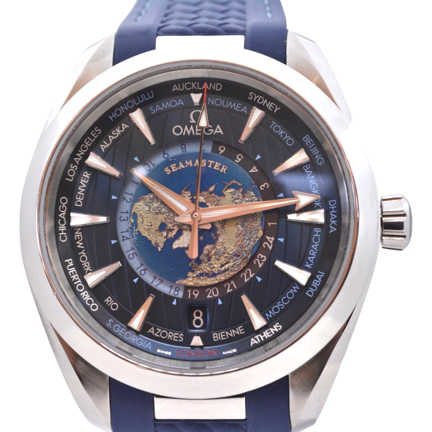 Omega Seamaster Aqua Terra 150M Worldtimer 43mm  Co-Axial Blue Teak Dial Rubber Strap 220.12.43.22.03.001