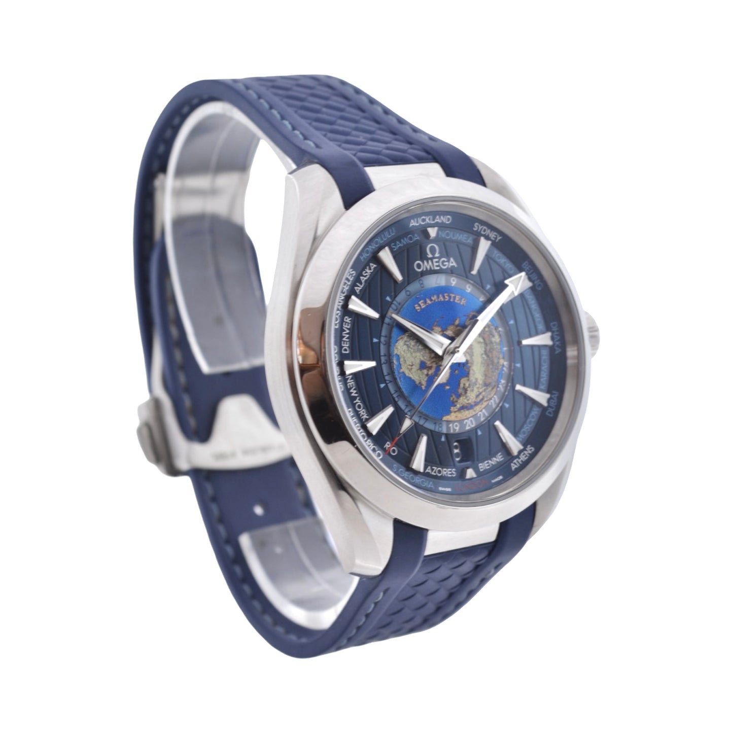 Omega Seamaster Aqua Terra 150M Worldtimer 43mm  Co-Axial Blue Teak Dial Rubber Strap 220.12.43.22.03.001