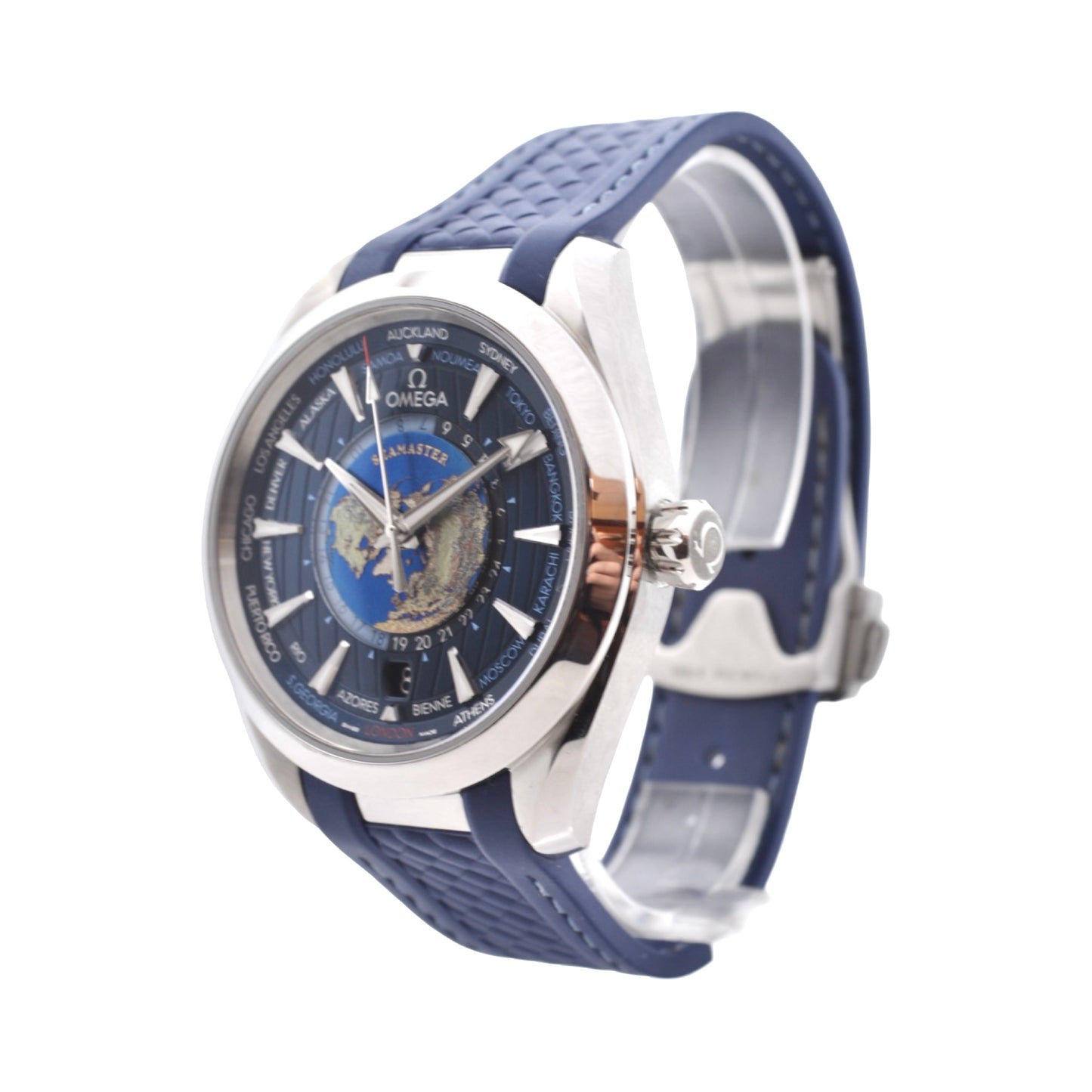 Omega Seamaster Aqua Terra 150M Worldtimer 43mm  Co-Axial Blue Teak Dial Rubber Strap 220.12.43.22.03.001