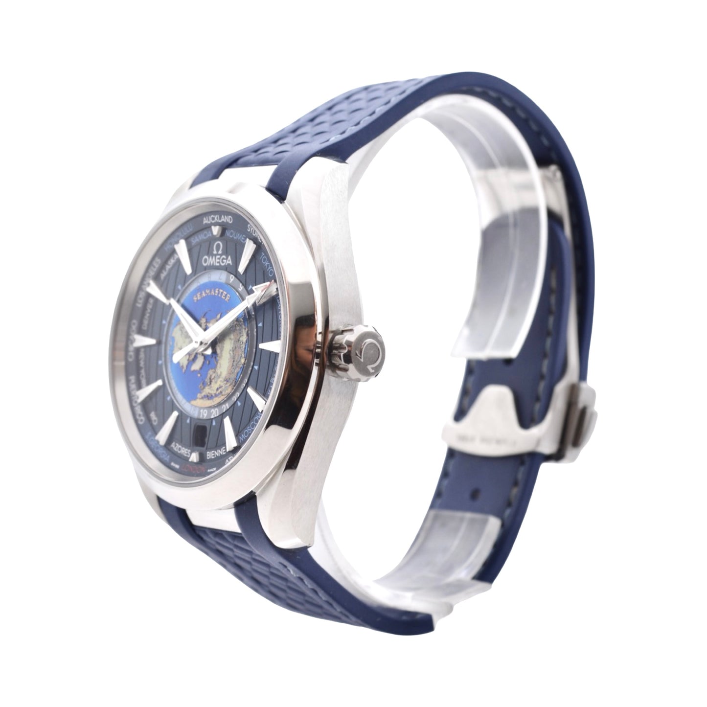 Omega Seamaster Aqua Terra 150M Worldtimer 43mm  Co-Axial Blue Teak Dial Rubber Strap 220.12.43.22.03.001