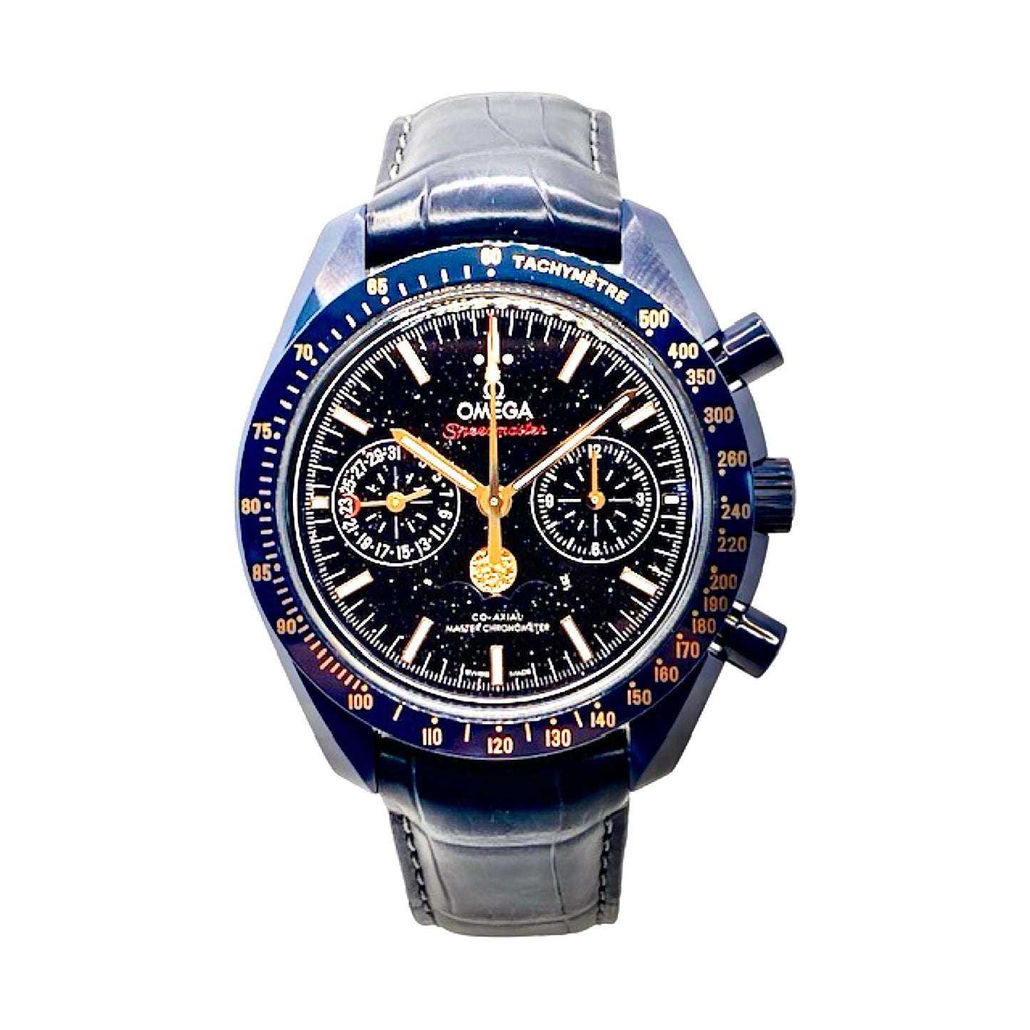 Omega Speedmaster Moonphase Blue Side of the Moon 44.25mm Blue Ceramic on Leather Strap 304.93.44.52.03.002